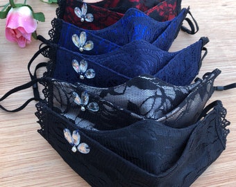 Elegant Lace 3D Origami Designed w/filter pocket Royal, Black, Red with gems Special Occasion Face Mask made of Cotton/Satin