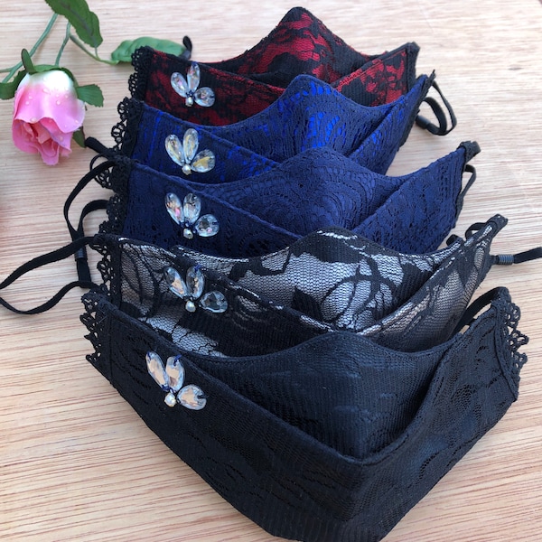 Elegant Lace 3D Origami Designed w/filter pocket Royal, Black, Red with gems Special Occasion Face Mask made of Cotton/Satin