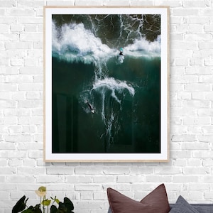 Großer Wandkunstdruck, Kunstdruck, Surf Art, Surf Art, Archivpapier, Geschenk für einen Surfer, Cornwall Surfen, Cornwall von oben, Ariel