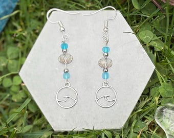 Silver Wave Charm: Glass Bead Dangle Earrings