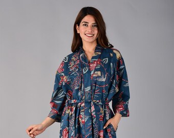 Hand Block Print Cotton Kimono Night Wear Gown Woman Bath Robe Floral Design Bathrobe Summer Clothing Kimono Maternity Robe