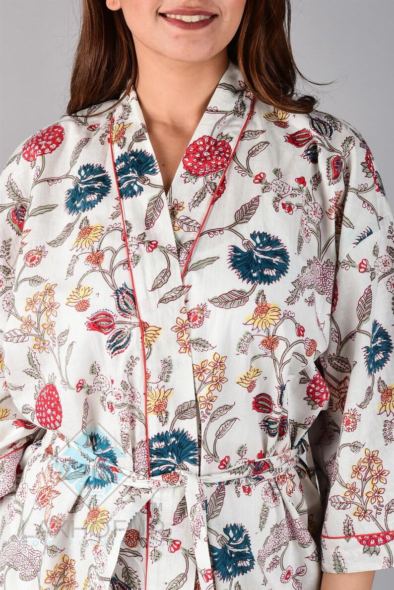 Hand Block Print Cotton Kimono Night Wear Gown Woman Bath Robe Floral Design Bathrobe Summer Clothing Kimono Maternity Robe