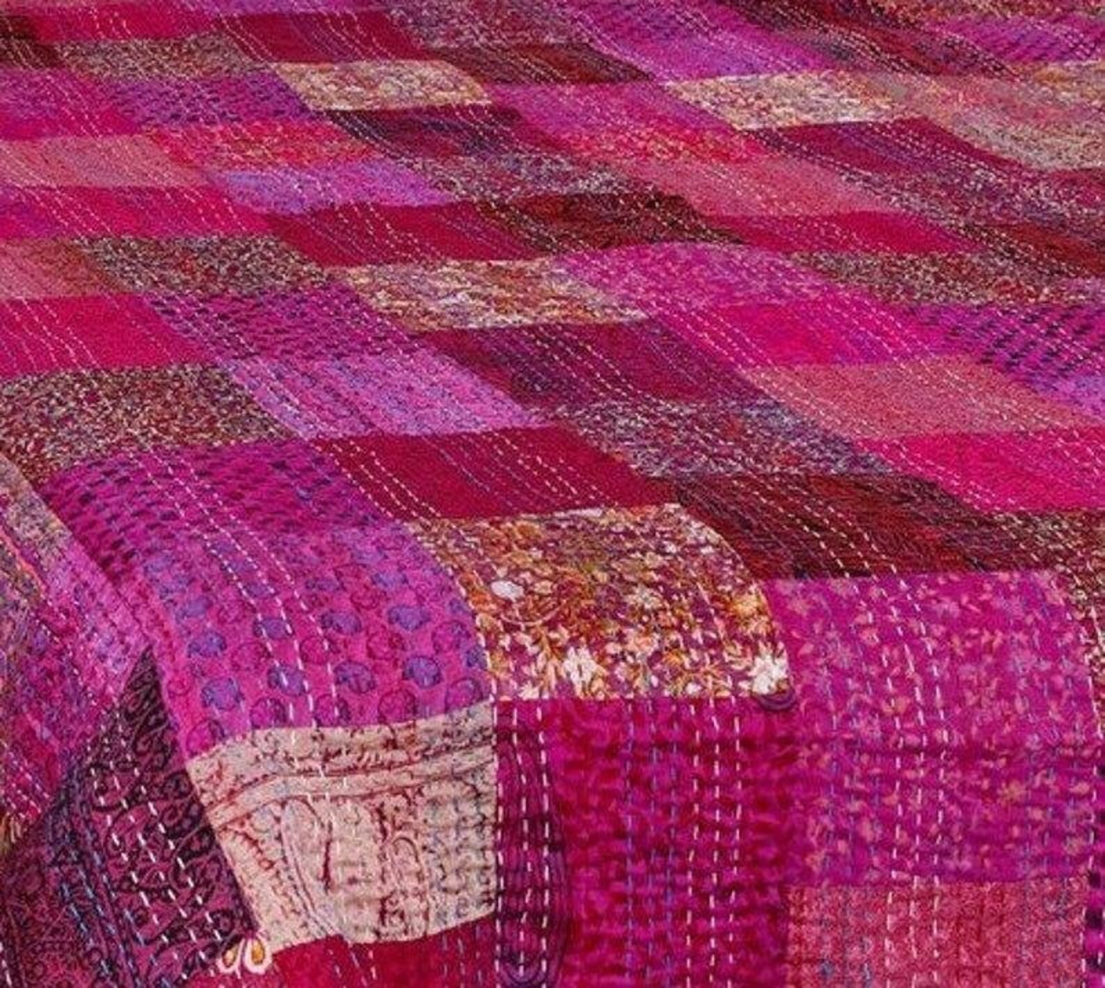 Silk Patchwork Kantha Quilt Bohemian Blanket Queen Size Throw Etsy