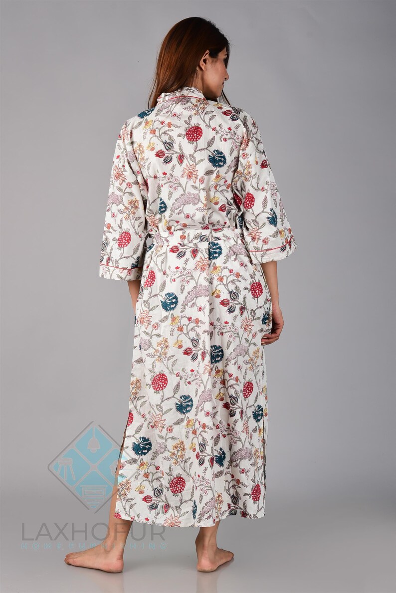 Hand Block Print Cotton Kimono Night Wear Gown Woman Bath Robe Floral Design Bathrobe Summer Clothing Kimono Maternity Robe