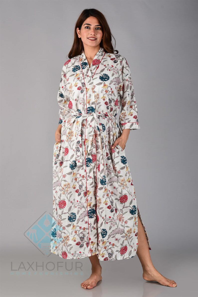 Hand Block Print Cotton Kimono Night Wear Gown Woman Bath Robe Floral Design Bathrobe Summer Clothing Kimono Maternity Robe