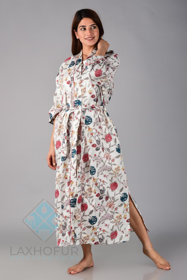 Hand Block Print Cotton Kimono Night Wear Gown Woman Bath Robe Floral Design Bathrobe Summer Clothing Kimono Maternity Robe