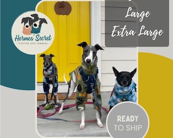 May include: Three dogs wearing patterned dog pyjamas. The left dog wears blue and white pyjamas, the centre dog wears olive green pyjamas with a pumpkin print, and the right dog wears blue and white plaid pyjamas. Text reads Medium, Large, Extra Large.