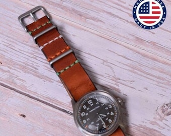 Leather Watch Strap Handmade Horween Full Grain Leather One Piece Military Style Watch Band Gift Dad Husband Anniversary Gift Watch Lover