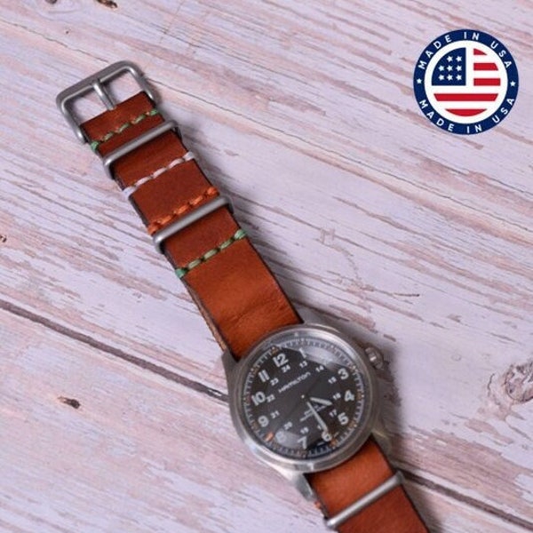 Leather Watch Strap Handmade Horween Full Grain Leather One Piece Military Style Watch Band Gift Dad Husband Anniversary Gift Watch Lover