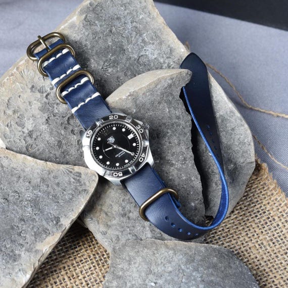Blue Full-Grain Leather Watch Strap. Custom Hardware, Thread and Initials