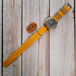 USA Handmade Italian Walpier Conceria NATO Yellow Watch Strap Full Grain One Piece Zulu Pass Through 16 17 18 19 20 21 22 24 mm Dad Husband