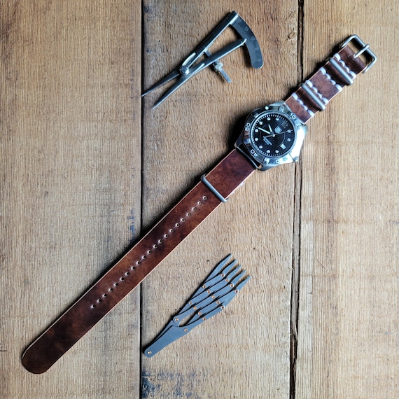 Cinturino Per Orologio Militare Mimetico Verde Scuro In Pelle - Foto 4