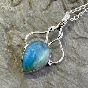 Rainbow Moonstone Sterling Silver Pendant Necklace: Teardrop Gemstone