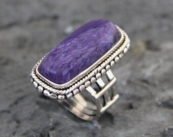 Native American Charoite and Double Stack Sterling Ring Size 8