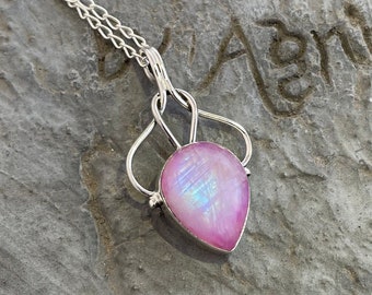 Sterling Silver Pear Rainbow Moonstone Pendant, Healing Crystal Necklace, Pink Moonstone, Statement Jewelry