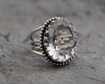 Crystal Ring, Sterling Silver Ring, Transparent Ring, Gemstone Ring, Clear Quartz Ring, Personalized Gift, Statement Ring, Cocktail Ring