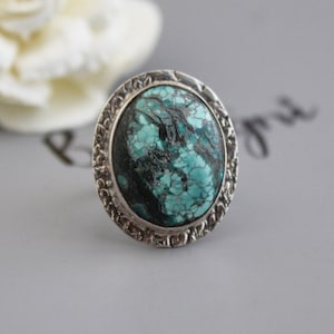 Oval Tibetan Turquoise Ring: Sterling Silver Boho Jewelry