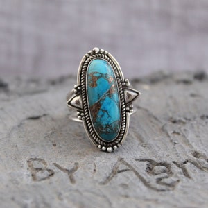 Boho Turquoise Ring, Silver Turquoise Ring, Turquoise Ring, 925 Silver Ring, Sterling Silver Ring, Long Gemstone Stone Ring,Bohemian Jewelry