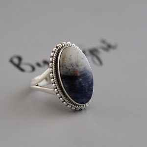 Blue Jasper Ring, Sterling Silver Ring, Sodalite Gemstone Ring, March Birthstone, Crystal Ring, Wedding Gift, Split Band Ring