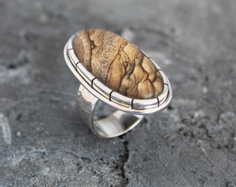 Bild-Jaspis-Ring, 925er Sterling-Silberring, handgefertigter Edelstein-Ring, Jaspis-Schmuck, brauner Edelstein-Ring, Geschenk für Sie