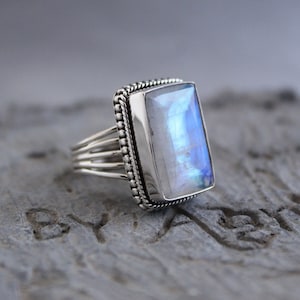 Rainbow Moonstone Ring, 925 Sterling Silver, Bezel Ring, Rectangle Stone Ring, Natural Stone Ring, Handmade Ring, Statement Ring, Gift Ring