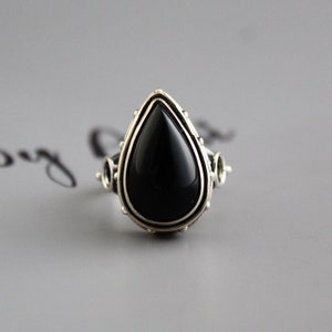 Teardrop Pear Shape Black Onyx Sterling Silver Dainty Ring, Onyx Ring, Boho, Statement Ring, Personalized, Gift for Her, Black Onyx Ring