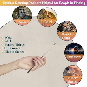 May include: A pair of dowsing rods, also known as divining rods, are held in a person's hand. The rods are used to find water, gold, buried things, earth waves, and hidden stones. The image shows a variety of items that can be found using dowsing rods, including a bucket of water, a gold nugget, a buried treasure chest, a wave pattern, and a crystal.
