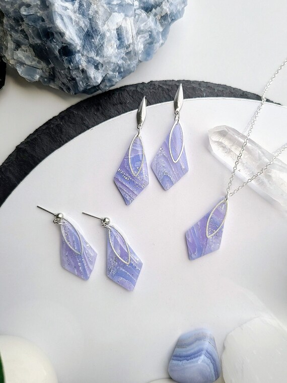 LAVENDER BLUE Earrings Necklace Silver Lightweight Faux Agate Minimal Chic Handmade Etsy