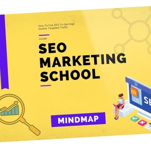 May include: A yellow and purple mind map titled "SEO Marketing School" with the text "How To Use SEO To Get High Quality Targeted Traffic" and a graphic of a magnifying glass with an upward trending graph inside. The graphic is next to a computer screen with the text "SEO" on it and a person sitting on a stack of books.