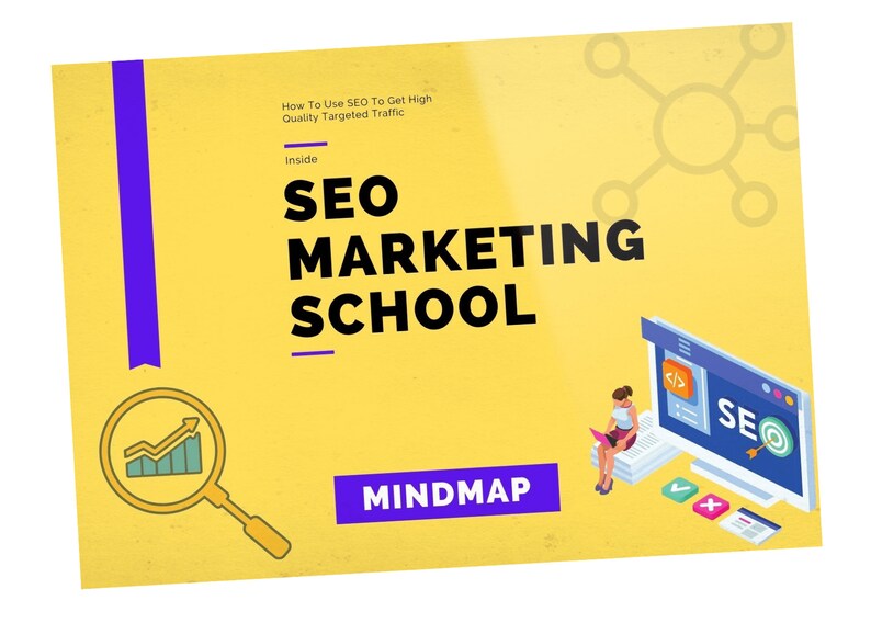 May include: A yellow and purple mind map titled "SEO Marketing School" with the text "How To Use SEO To Get High Quality Targeted Traffic" and a graphic of a magnifying glass with an upward trending graph inside. The graphic is next to a computer screen with the text "SEO" on it and a person sitting on a stack of books.