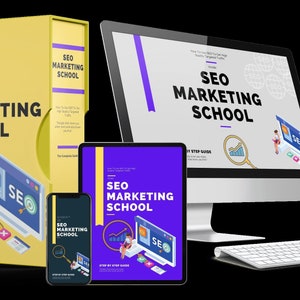 May include: A set of digital marketing resources for learning SEO. The set includes a yellow box with the text "SEO Marketing School" on it, a computer monitor with the same text, a tablet with the same text, and a smartphone with the same text. The text "Step by Step Guide" is also visible on the box and tablet.