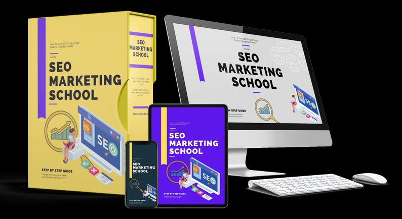 May include: A set of digital marketing resources for learning SEO. The set includes a yellow box with the text "SEO Marketing School" on it, a computer monitor with the same text, a tablet with the same text, and a smartphone with the same text. The text "Step by Step Guide" is also visible on the box and tablet.