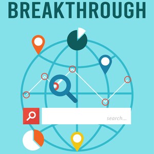 May include: A blue globe with a red line graph, a magnifying glass, and a search bar with the text "search..."  The globe is surrounded by red and yellow location markers. The text "SEO BREAKTHROUGH" is at the top of the image and "STANLEY JACKSON" is at the bottom.