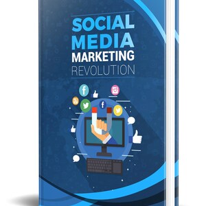 May include: A blue book cover with the title "Social Media Marketing Revolution" and a graphic of a hand holding a magnet attracting social media icons such as Facebook, Twitter, and Instagram.