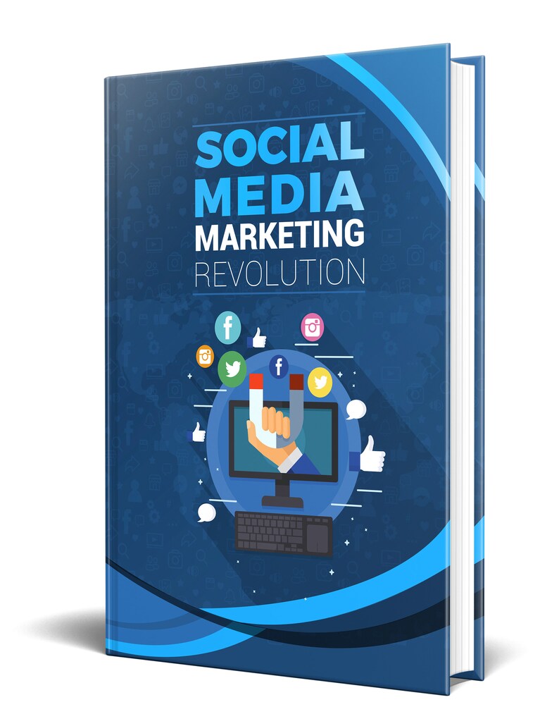 May include: A blue book cover with the title "Social Media Marketing Revolution" and a graphic of a hand holding a magnet attracting social media icons such as Facebook, Twitter, and Instagram.