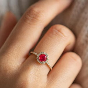 Ruby Engagement Ring | Natural Ruby Diamond Halo Ring | 14K Gold Solitaire Ring | July Birthstone Ring | Ruby Proposal Ring for Her
