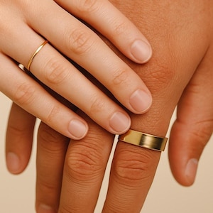 His Hers 14K Solid Gold Wedding Bands – Thin Wide Matching Ring Set – Yellow, White or Rose Gold – Minimalist Couple Rings