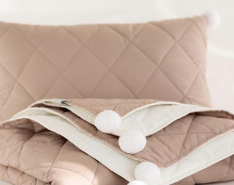 Cotton Bedspread with Pillow for Kids. Double-sided Bed Cover in Various Colors, Natural Coverlet, Soft Pillow, Bedroom Decor, Handmade