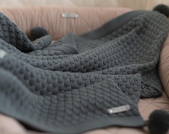 Knitted Merino Wool Blanket "Forest Grey", Newborn Baby Honeycomb Blanket, Handmade Warm Stroller Blanket, Personalized Baby Shower Gift
