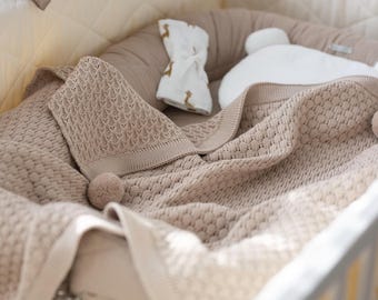 Knitted Newborn Baby Blanket Beige, Natural Merino Wool Honeycomb blanket, Handmade Soft Stroller Blanket, Personalized Baby Shower Gift