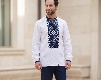 Traditional White Linen Mens Ukrainian Vyshyvanka Geometric Embroidered Folk Wedding Tunic Heritage Shirt Style