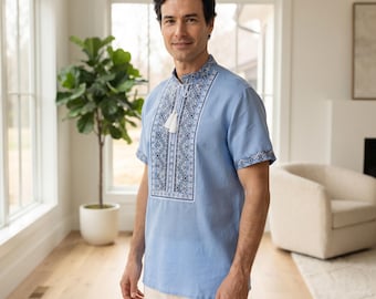Blue Linen Ukrainian Vyshyvanka Short Sleeve Embroidered Mens Shirt Geometric Folk Wedding Heritage Traditional