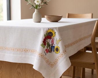 Ukrainian Embroidered Tablecloth White Farmhouse Sunflower Kalyna Folk Heritage Rustic Dining Table Decor