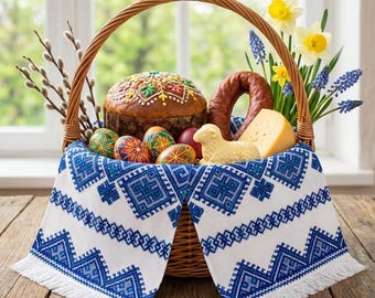 Caminho de mesa folclórico azul, bordado tradicional, pano para bênção de casamento, embalagem ecológica para presente, cartão plantável, capa para cesta de Páscoa, arte em Rushnyk