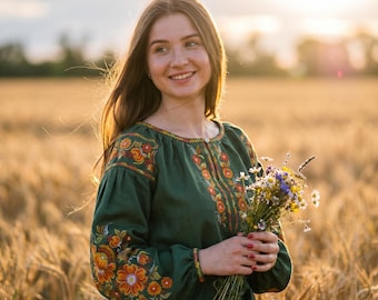 Emerald Green Linen Blouse Ukrainian Vyshyvanka Marigold Embroidery Boho Folk Tunic Women