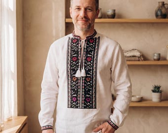 Mens White Linen Ukrainian Vyshyvanka Folk Embroidered Wedding Boho Heritage Shirt Traditional Tunic