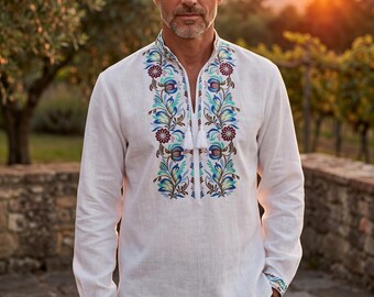 White Linen Ukrainian Vyshyvanka Mens Embroidered Floral Heritage Boho Wedding Traditional Folk Shirt Style