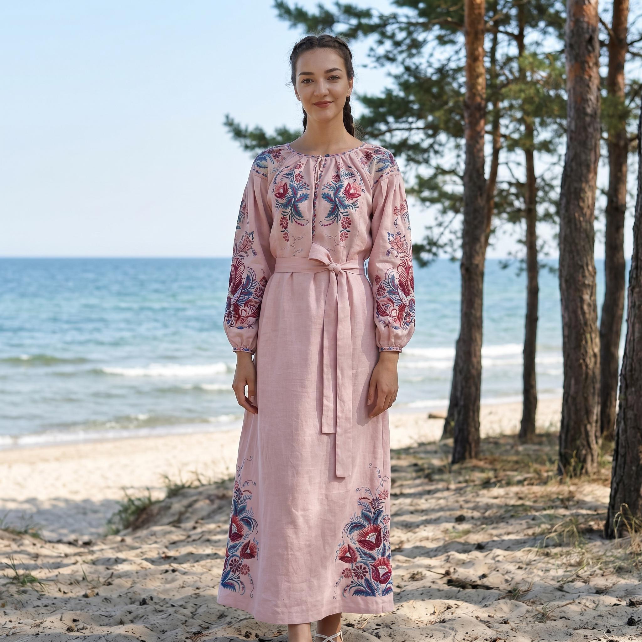 leaf embroidered wedding dress Ivory Linen Blend Embroidered Dress - Maxi Dresses