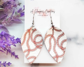 Baseball Laces Pinched Petal Leather Earrings, Baseball Earrings, Baseball Mom Earrings, Red and White Baseball Earrings, Leather Earrings