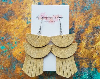 Cream Fringe Leather Earrings, Semicircles, Geometric Fringe Earrings, Handmade Fringe Earrings, Western Fringe Earrings, Suede Dangles